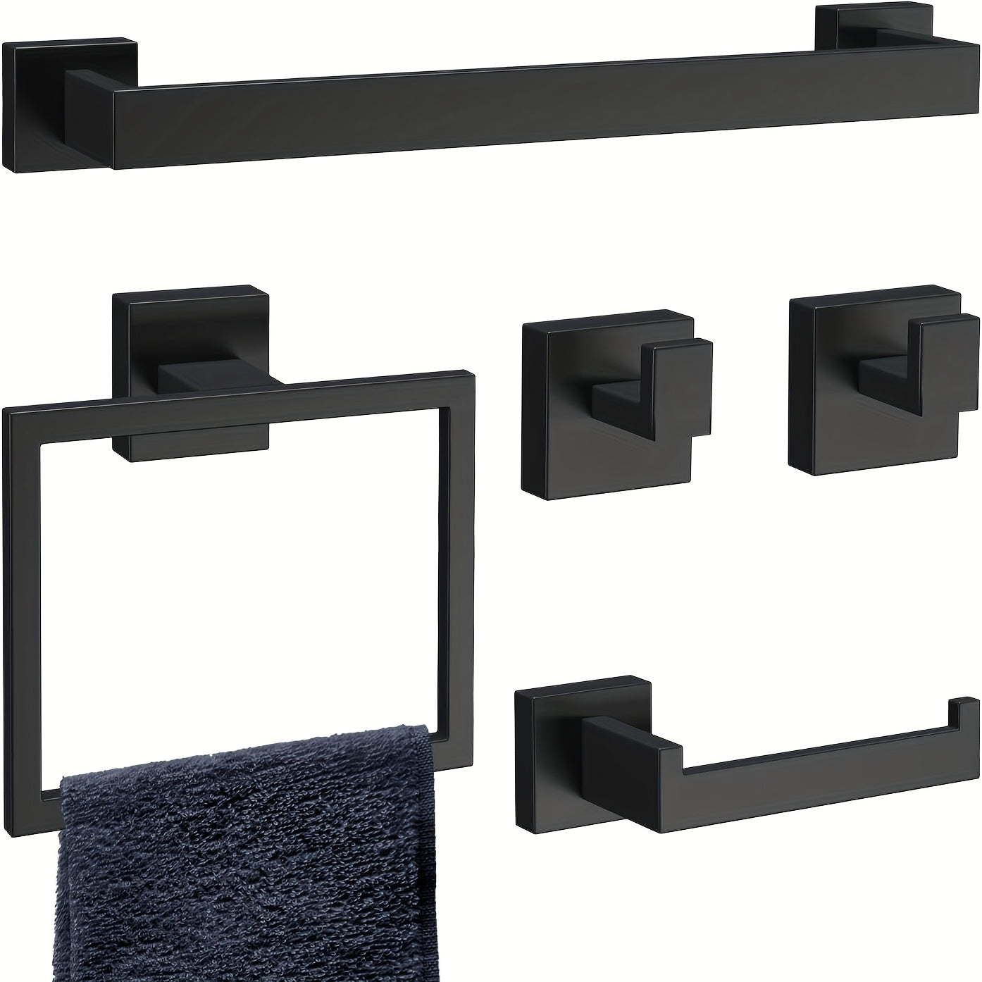 5-Piece Matte Black Bathroom Accessories Set, SUS304 Stainless Steel Wall Mounted 16 Inch Hand Towel Bar, Toilet Paper Holder, Towel Ring, Towel Hooks, Bathroom Hardware Set, Towel Bar Set