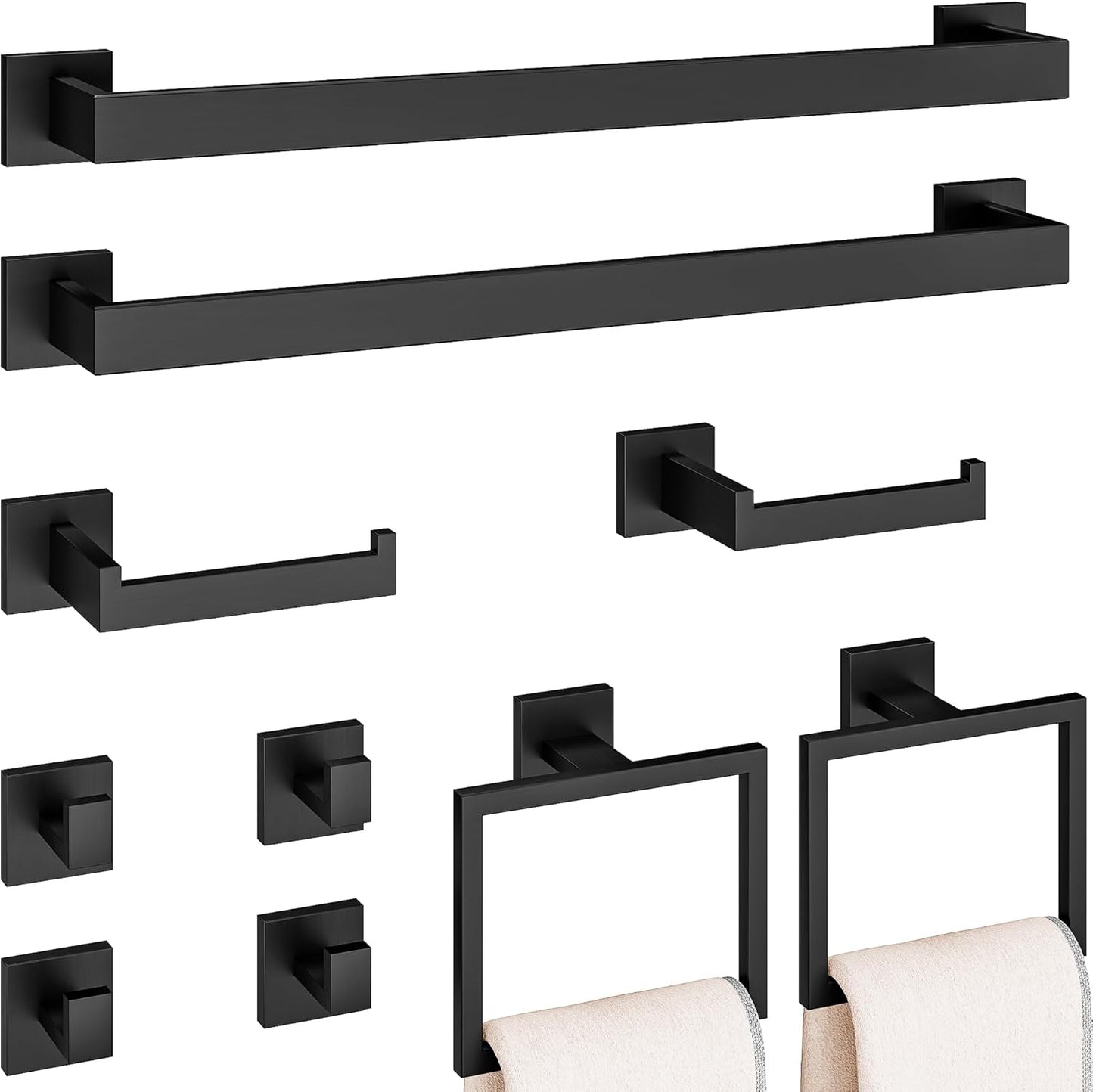 5-Piece Matte Black Bathroom Accessories Set, SUS304 Stainless Steel Wall Mounted 16 Inch Hand Towel Bar, Toilet Paper Holder, Towel Ring, Towel Hooks, Bathroom Hardware Set, Towel Bar Set