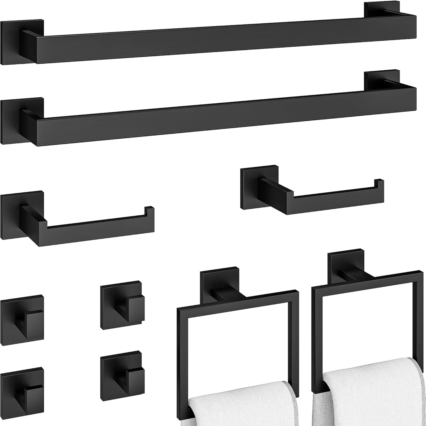 5-Piece Matte Black Bathroom Accessories Set, SUS304 Stainless Steel Wall Mounted 16 Inch Hand Towel Bar, Toilet Paper Holder, Towel Ring, Towel Hooks, Bathroom Hardware Set, Towel Bar Set