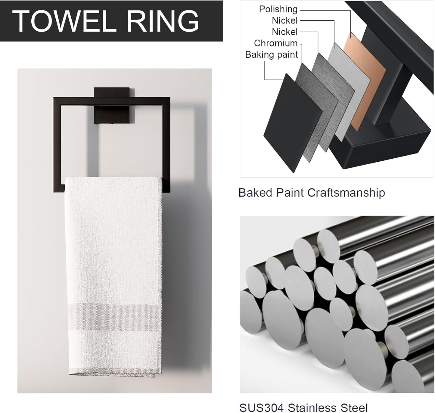 5-Piece Matte Black Bathroom Accessories Set, SUS304 Stainless Steel Wall Mounted 16 Inch Hand Towel Bar, Toilet Paper Holder, Towel Ring, Towel Hooks, Bathroom Hardware Set, Towel Bar Set