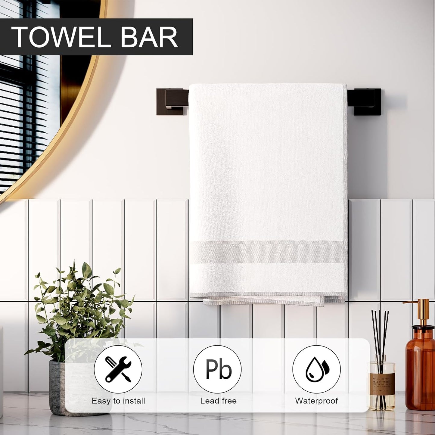 5-Piece Matte Black Bathroom Accessories Set, SUS304 Stainless Steel Wall Mounted 16 Inch Hand Towel Bar, Toilet Paper Holder, Towel Ring, Towel Hooks, Bathroom Hardware Set, Towel Bar Set