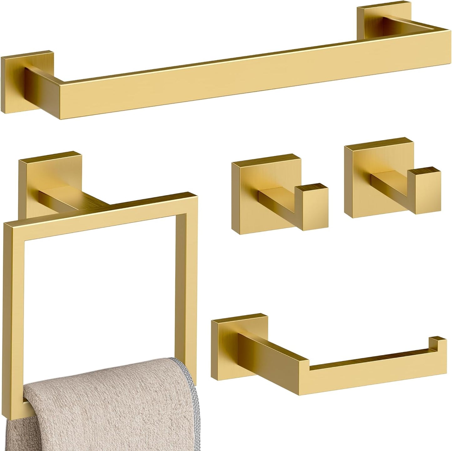 5-Piece Matte Black Bathroom Accessories Set, SUS304 Stainless Steel Wall Mounted 16 Inch Hand Towel Bar, Toilet Paper Holder, Towel Ring, Towel Hooks, Bathroom Hardware Set, Towel Bar Set