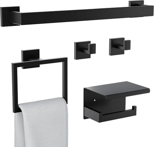 5-Piece Matte Black Bathroom Accessories Set, SUS304 Stainless Steel Wall Mounted 16 Inch Hand Towel Bar, Toilet Paper Holder, Towel Ring, Towel Hooks, Bathroom Hardware Set, Towel Bar Set
