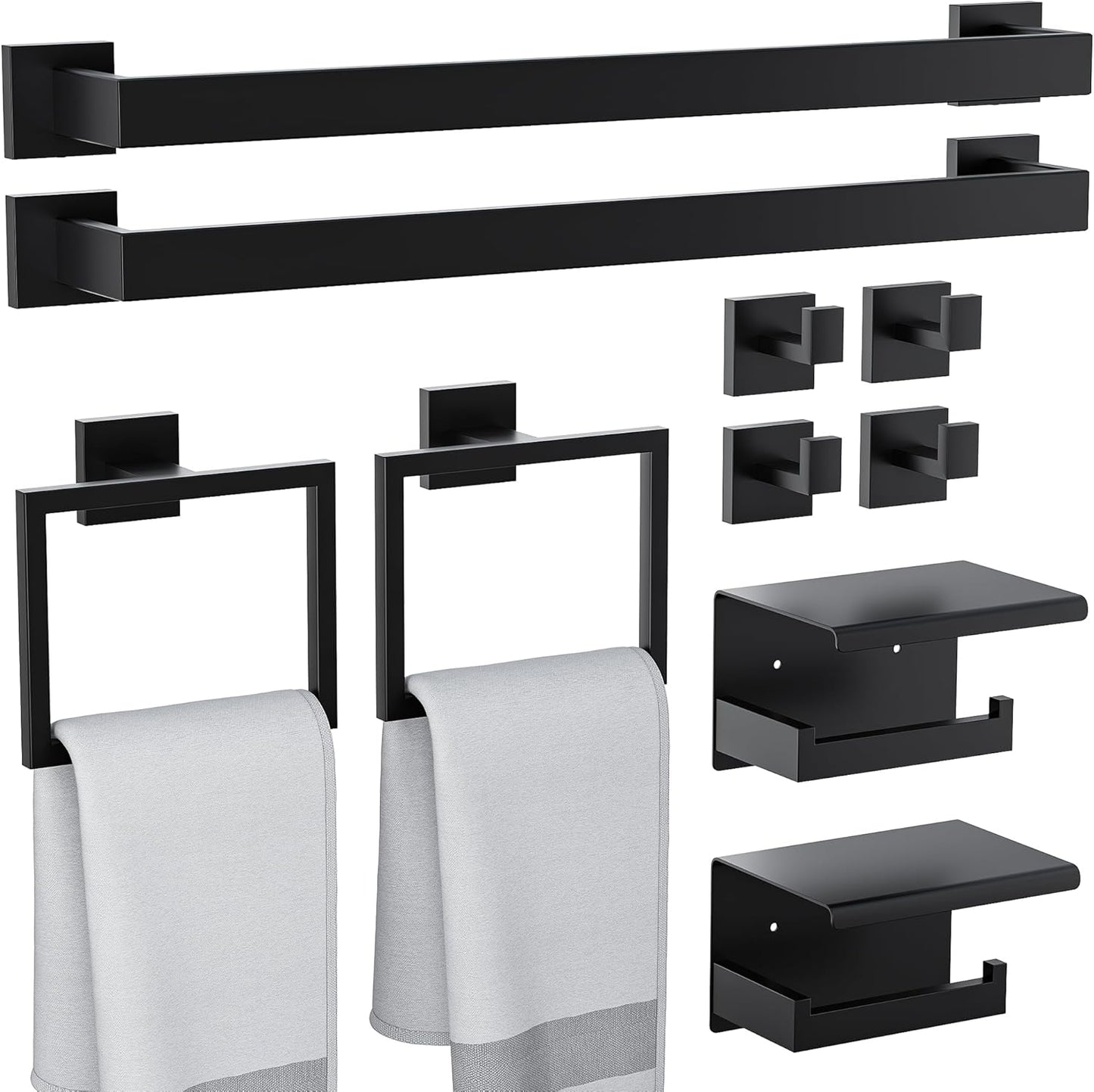 5-Piece Matte Black Bathroom Accessories Set, SUS304 Stainless Steel Wall Mounted 16 Inch Hand Towel Bar, Toilet Paper Holder, Towel Ring, Towel Hooks, Bathroom Hardware Set, Towel Bar Set
